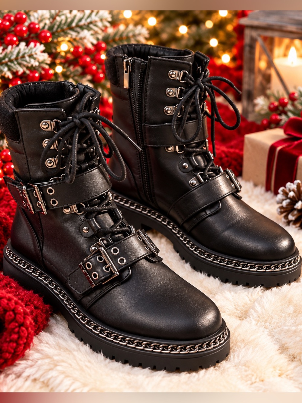 PrettyLittleThing Black Biker Moto Chain Buckle Boots Size 8